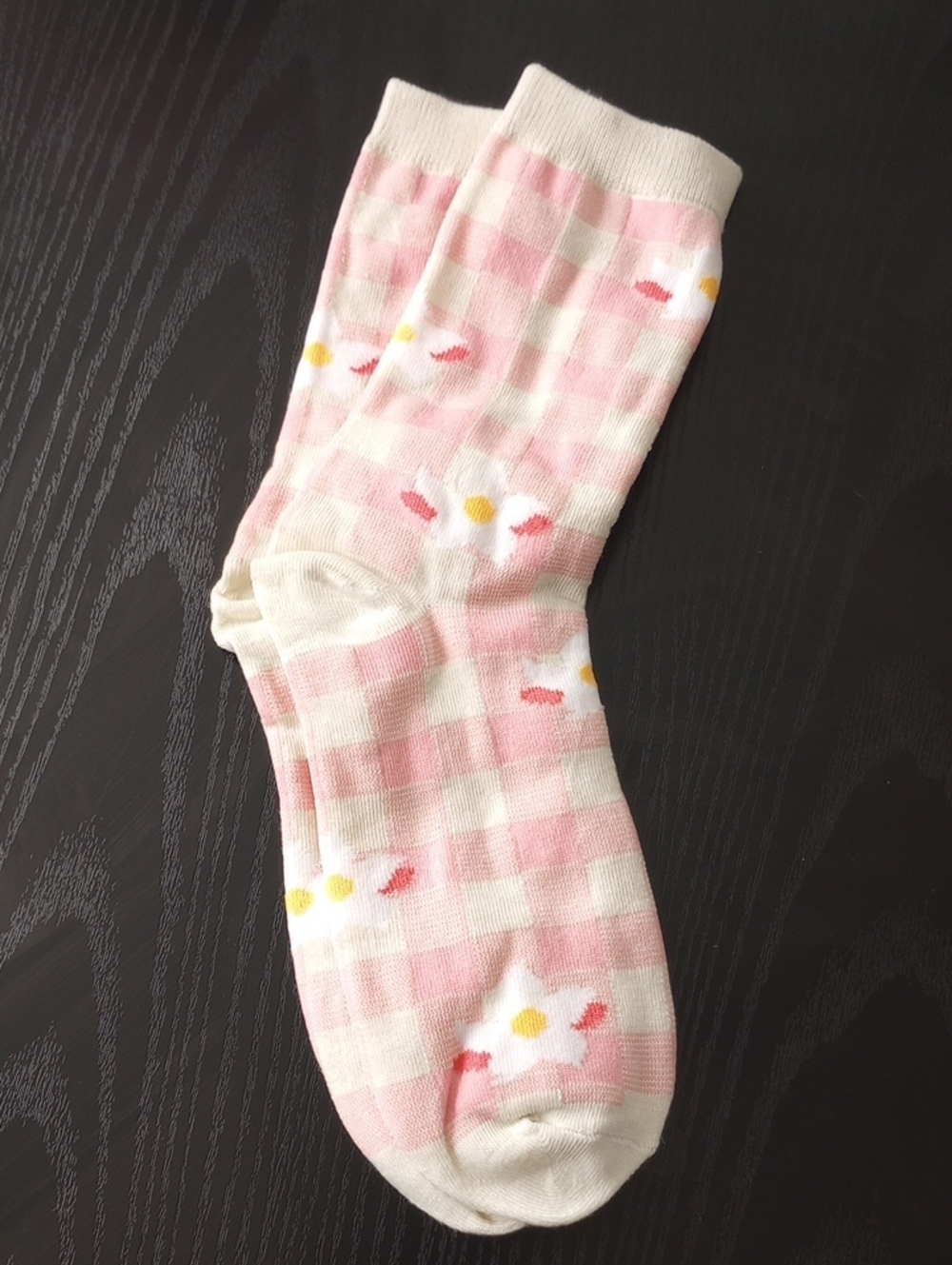 Pink Cream Gingham Floral Crew Mid-calf Socks